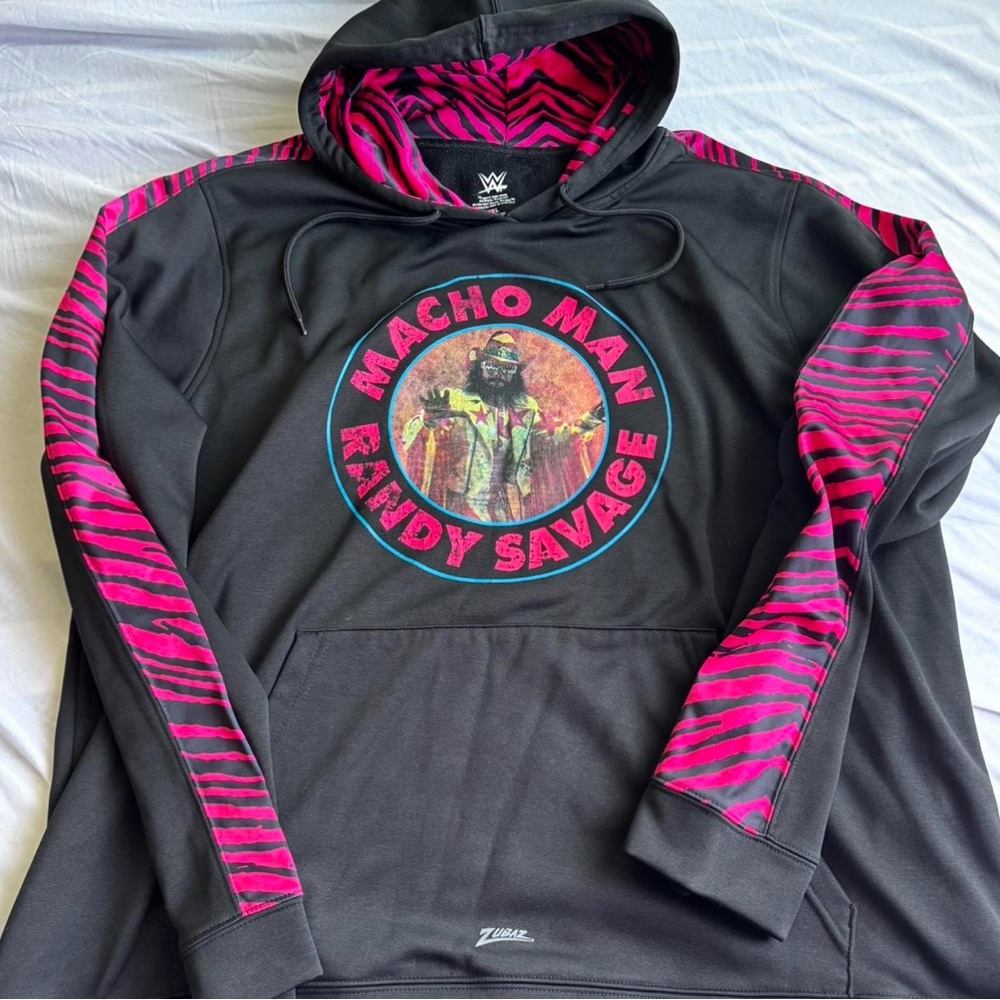 WWE Randy Macho Man Savage Black Hoodie with Pink Zebra Lining Size XXL
